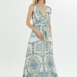 Belt Detailed Patterned Blue Dress